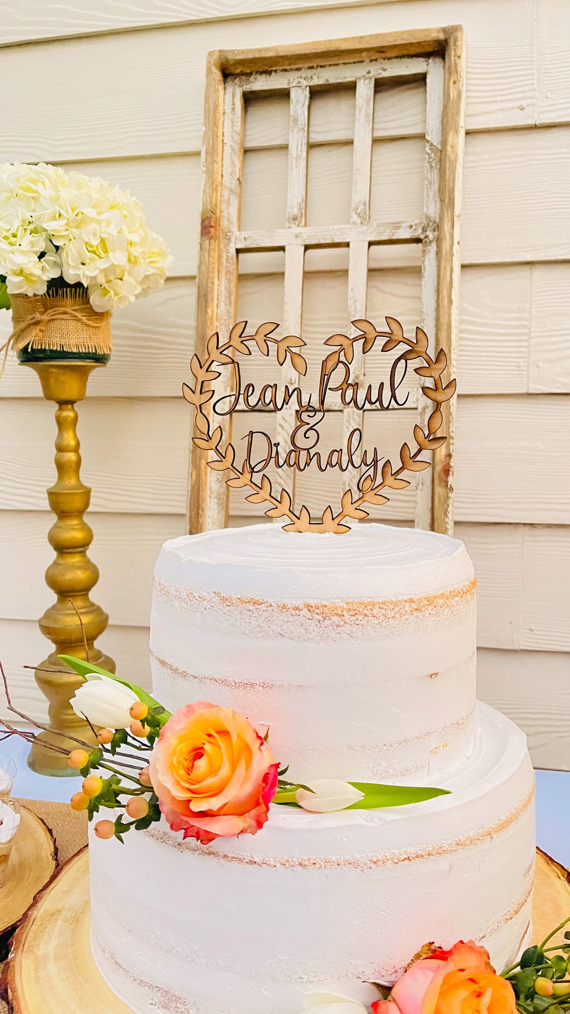 Personalized Wood Wedding Cake Topper, Boho Floral Wreath - image 3