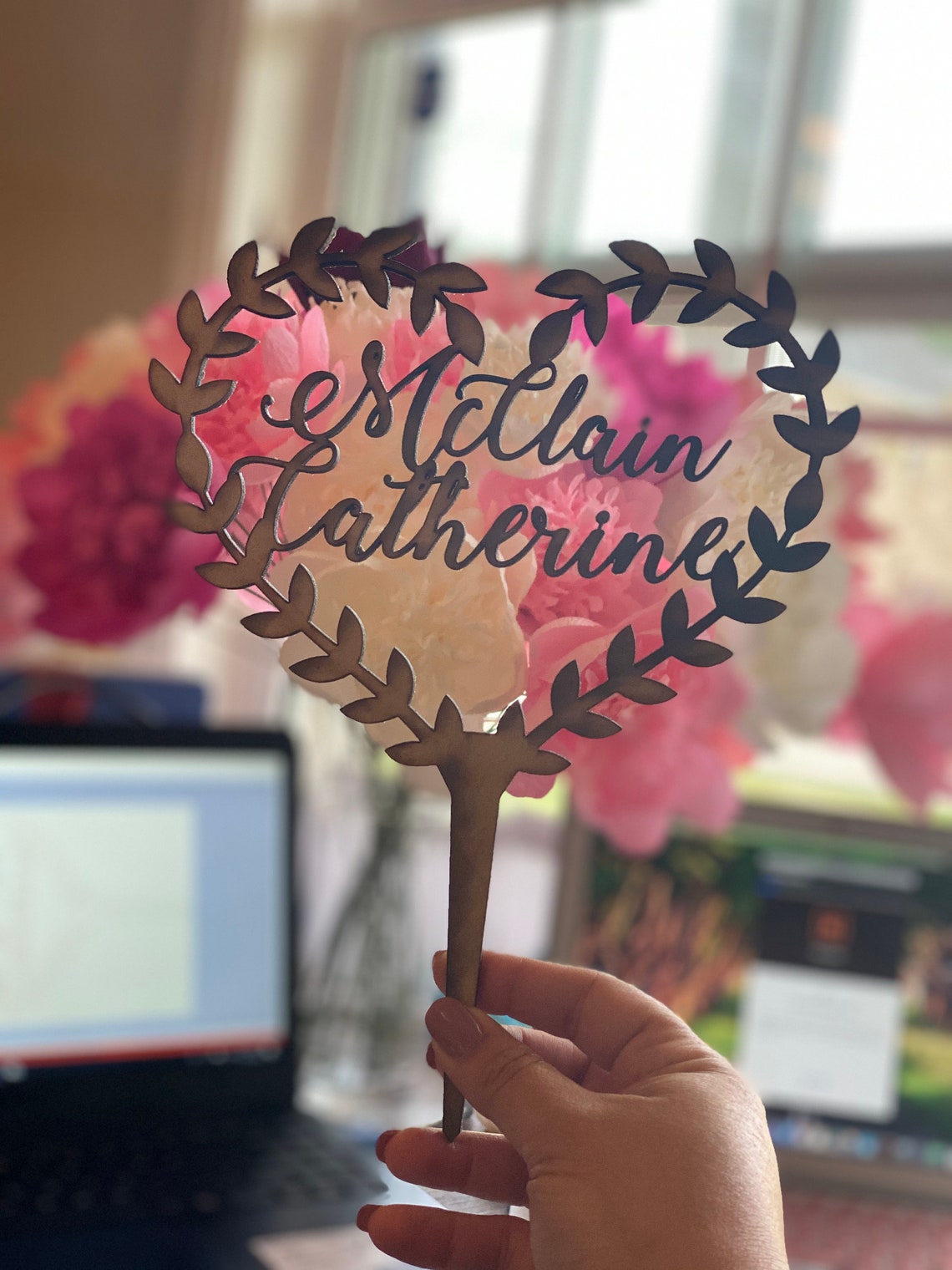 Personalized Wood Wedding Cake Topper, Boho Floral Wreath - image 7