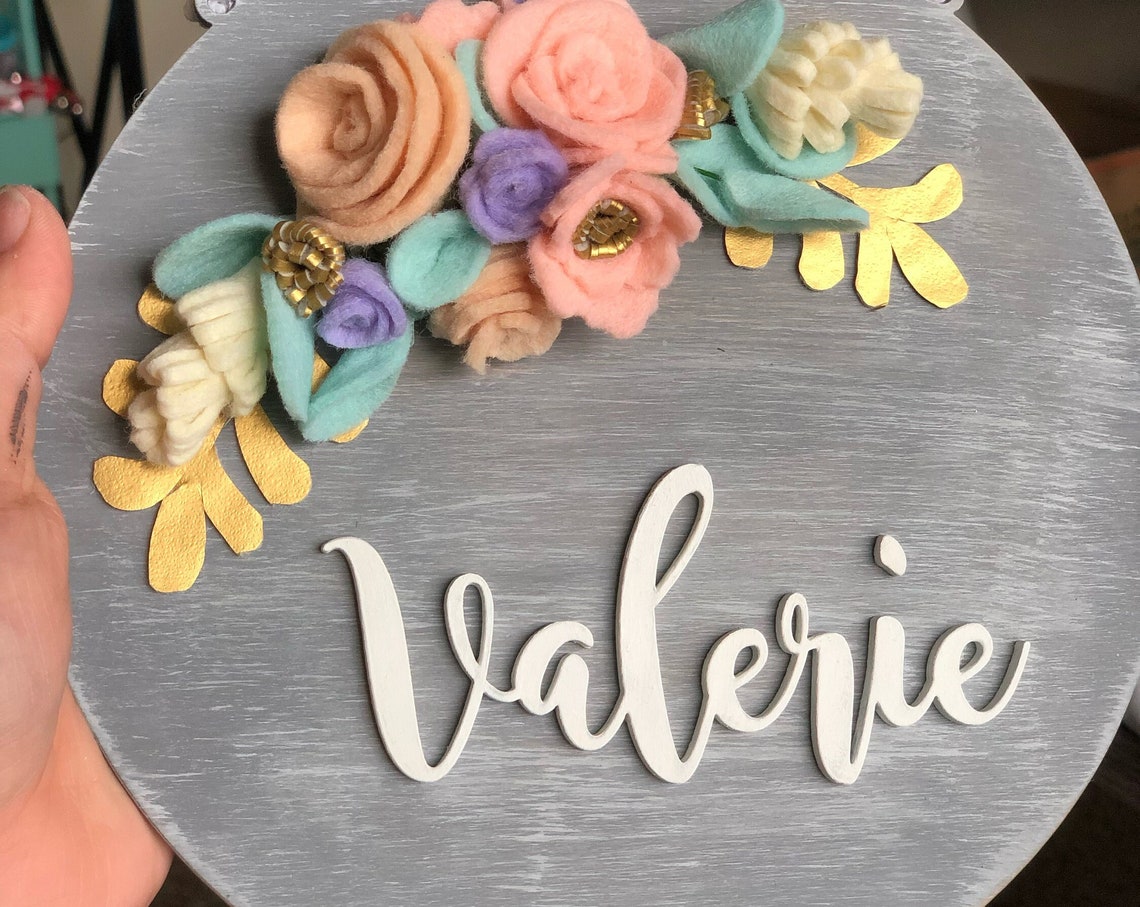 Custom Felt Flower Name Sign, Laser Cut Wood Nursery Decor - image 1