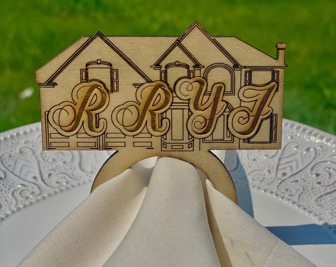 Custom Laser Cut Wood Napkin Rings, House or Initials, Set of 4-12 - image 1