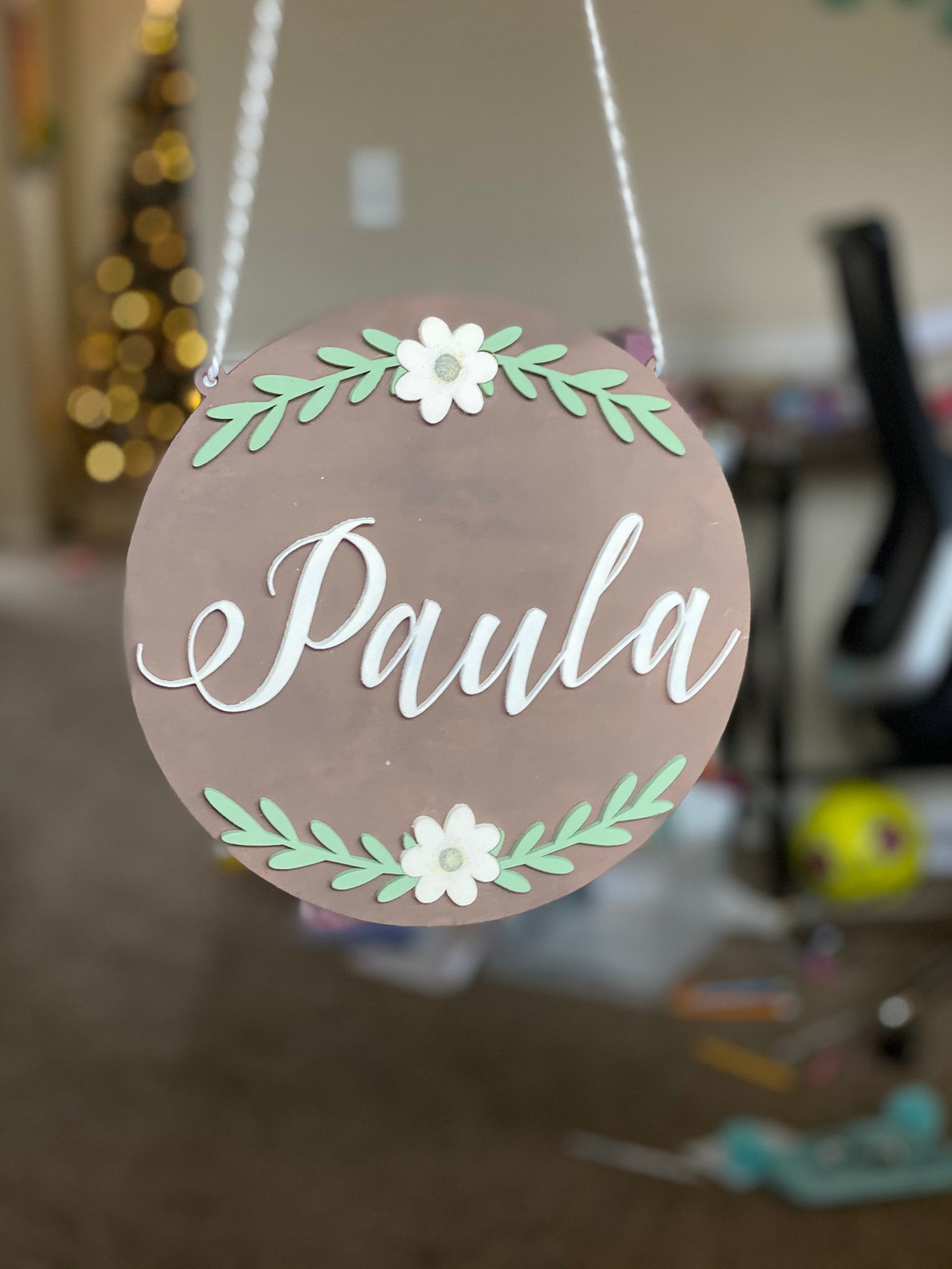 Custom Nursery Wood Name Sign, Round Floral Decor - image 1