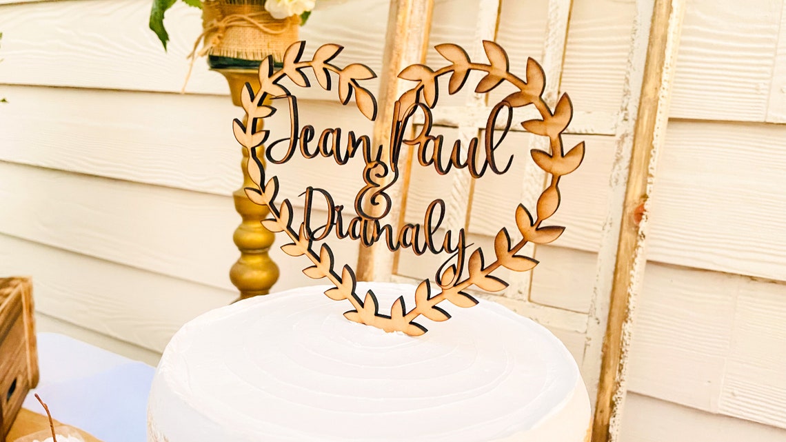 Personalized Wood Wedding Cake Topper, Boho Floral Wreath - image 1
